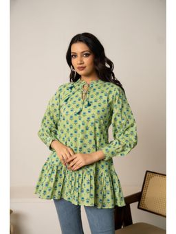 POMCHA - Sukoon Green Boho Floral Tie-Front Cotton Hand Block Tunic