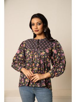 POMCHA - Sukoon Dark Grey Floral Boho Cotton Hand Block Top