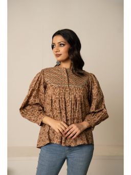 POMCHA - Sukoon Earth Tone Button-Up Hand Block Cotton Top