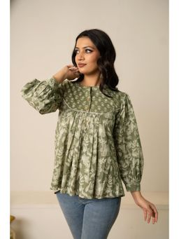 POMCHA - Sukoon Olive Boho Button-Up Hand Block Top