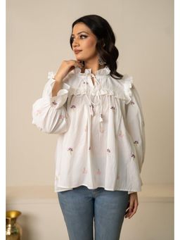 POMCHA - Sukoon White Tie-Front Embroidery Cotton Top