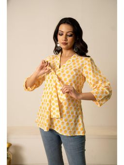 POMCHA - Sukoon The Dotty Yellow Cotton Hand Block Tunic Top