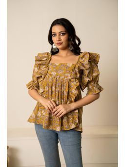 POMCHA - Sukoon Ochre Hand Block Cotton Bloom Tunic Top