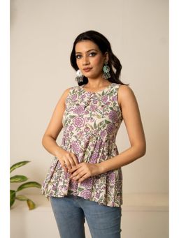 POMCHA - Sukoon Purple Floral Off White Hand Block Cotton Top