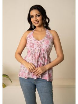 POMCHA - Sukoon Pastel Floral Halter Neck Hand Block Cotton Top