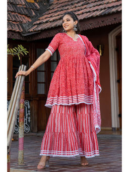 WEAVLLITE - Red Pure Cotton Floral Sharara (Set of 3)