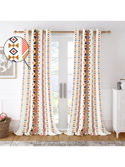 Story@Home - 100 % Cotton Canvas Fabric 300 GSM White-Orange 1 U Door Curtain-7 feet
