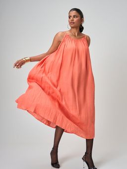 HONEY&ME - Coral Gather Linen A Line Midi Dress