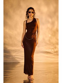 Lea Clothing - Milky Chocolate Brown Draped Bodycon Maxi Dress