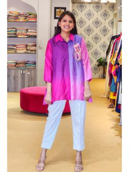 Pink Tree - Pink Multi Ombre Top With Hand Work Detail Comes With Pants