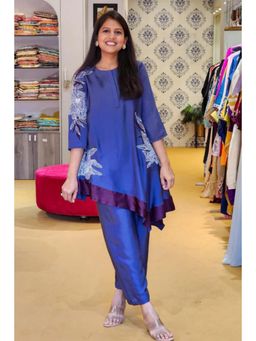 Pink Tree - Blue Embroidered Top and Straight Pants Set