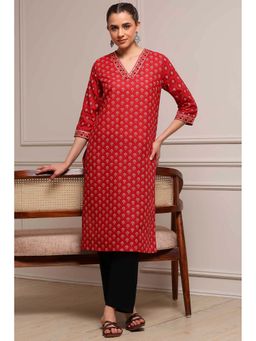 Biba - Red V-Neck Three Fourth Sleeves Kurta