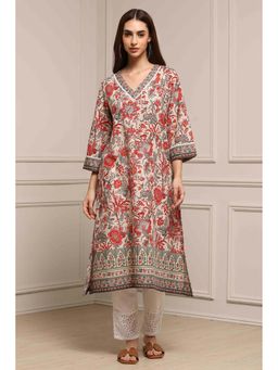 Biba - Beige V-Neck Three Fourth Sleeves Kurta