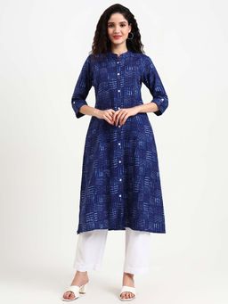 Divena - Blue Mandarin Neck Three Fourth Sleeves Kurta
