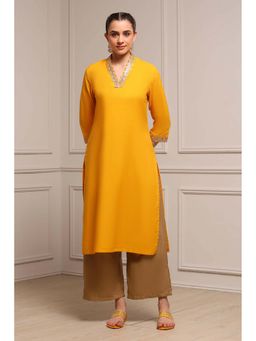 Biba - Yellow V-Neck Three Fourth Sleeves Kurta