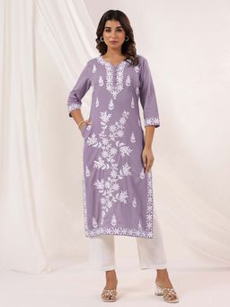Janasya - Purple Round Neck Three Fourth Sleeves Kurta