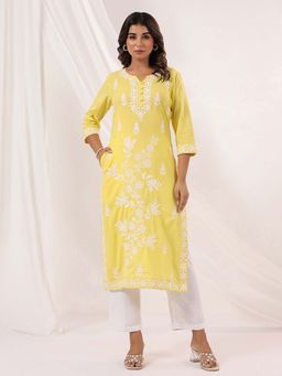 Janasya - Yellow Round Neck Three Fourth Sleeves Kurta