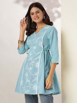 Janasya - Turquoise V-Neck Three Fourth Sleeves Tunic