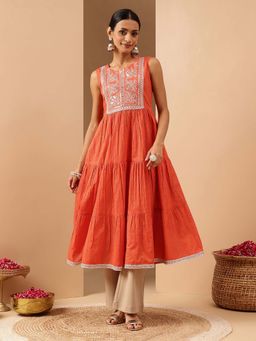 Janasya - Orange Round Neck Sleeveless Kurta