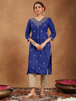 Janasya - Navy Blue V-Neck Three Fourth Sleeves Kurta