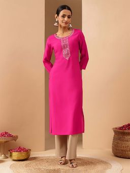 Janasya - Pink Round Neck Three Fourth Sleeves Kurta