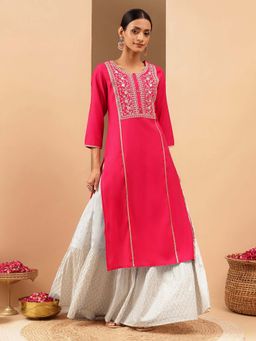 Janasya - Pink Round Neck Three Fourth Sleeves Kurta