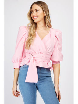 Trendyol - Pink Puff Sleeve Wrap Top
