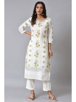 W - Floral Kurta-straight Pant White (Set of 2)