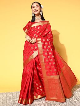 Odette - Silk Blend Red Woven Designer Saree with Unstitched Blouse