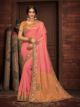 Odette - Peach Silk Georgette Brocade Designer Saree with Unstitched Blouse