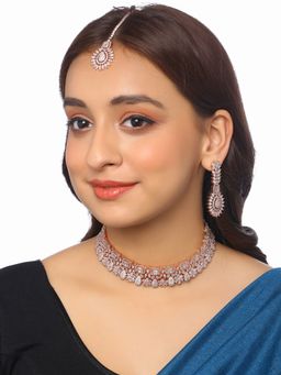 VIRAASI - Rose Gold Plated CZ & AD Bridal Choker Necklace with Earrings and Maangtikka (Set of 3)