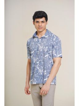 HONNETE - Men Cotton Casual Blue Spread Collar Short Sleeves Shirt