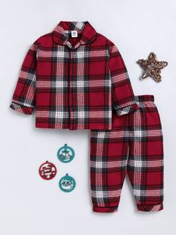 Clt.s - Maroon Checked Cotton Full Sleeve Night Suit
