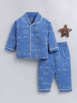 Clt.s - Blue Typography Cotton Full Sleeve Cozy Night Suit