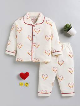 Clt.s - Cream Typography Cotton Full Sleeve Sleepwear Night Suit