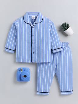 Clt.s - Blue Striped Cotton Full Sleeve Smart Night Suit