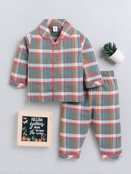 Clt.s - Green Checked Cotton Full Sleeve Relaxed Night Suit