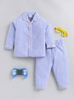 Clt.s - Blue Striped Cotton Full Sleeve Everyday Night Suit