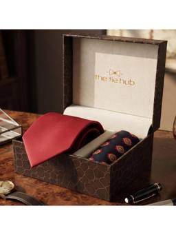 The Tie Hub - Red Silk Tie with Blue Dotted Wool Pocket Square