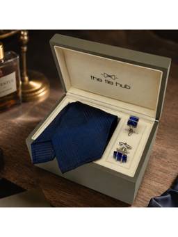The Tie Hub - Navy Blue Checks Silk Tie with Blue Stone Cufflinks