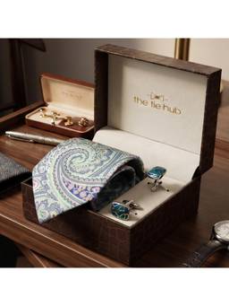 The Tie Hub - Mint & Blue Paisley Silk Tie with Aqua Cufflinks