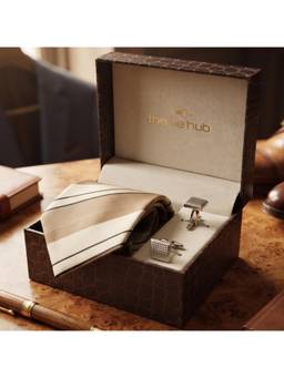 The Tie Hub - Beige & White Striped Silk Tie Silver Cufflinks