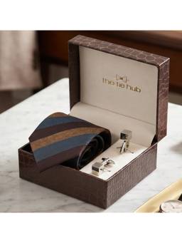 The Tie Hub - Brown & Tan Stripe Jacquard Tie with Silver Cufflinks