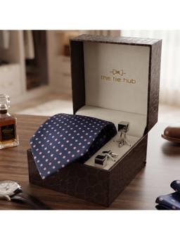 The Tie Hub - Navy & Pink Polka Silk Tie with Silver Cube Cufflinks