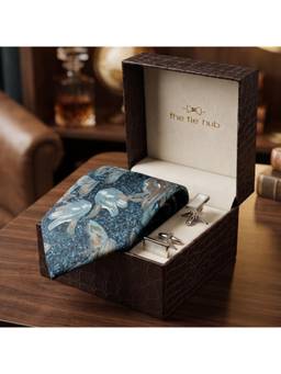 The Tie Hub - Teal Blue Floral Silk Tie with White MOP Cufflinks