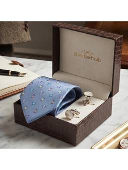 The Tie Hub - Blue Butterfly Print Silk Tie with White MOP Cufflinks