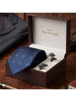 The Tie Hub - Navy Blue Skull Print Silk Tie with Gunmetal Cufflinks