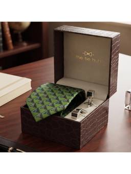 The Tie Hub - Green Geometric Silk Tie with Silver Cube Cufflinks