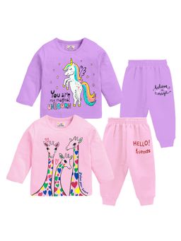 Kuchipoo - Girls Multi-Color Baby Regular Fit Cotton T-Shirts and Joggers (Pack of 2)
