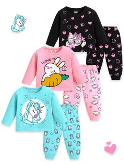 Kuchipoo - Girls Multi-Color Baby Regular Fit Cotton T-Shirts and Joggers (Pack of 3)